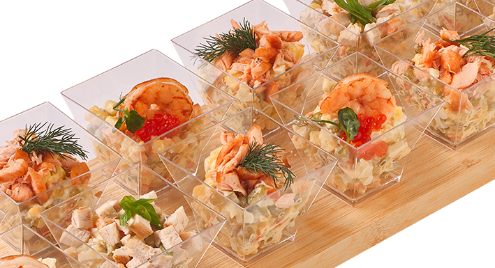 Ассорти салатов "Оливье": с лососем, с курицей, с креветкой