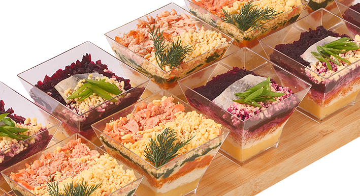 Набор салатов "Мимоза с лососем" и "Сельдь под шубой"